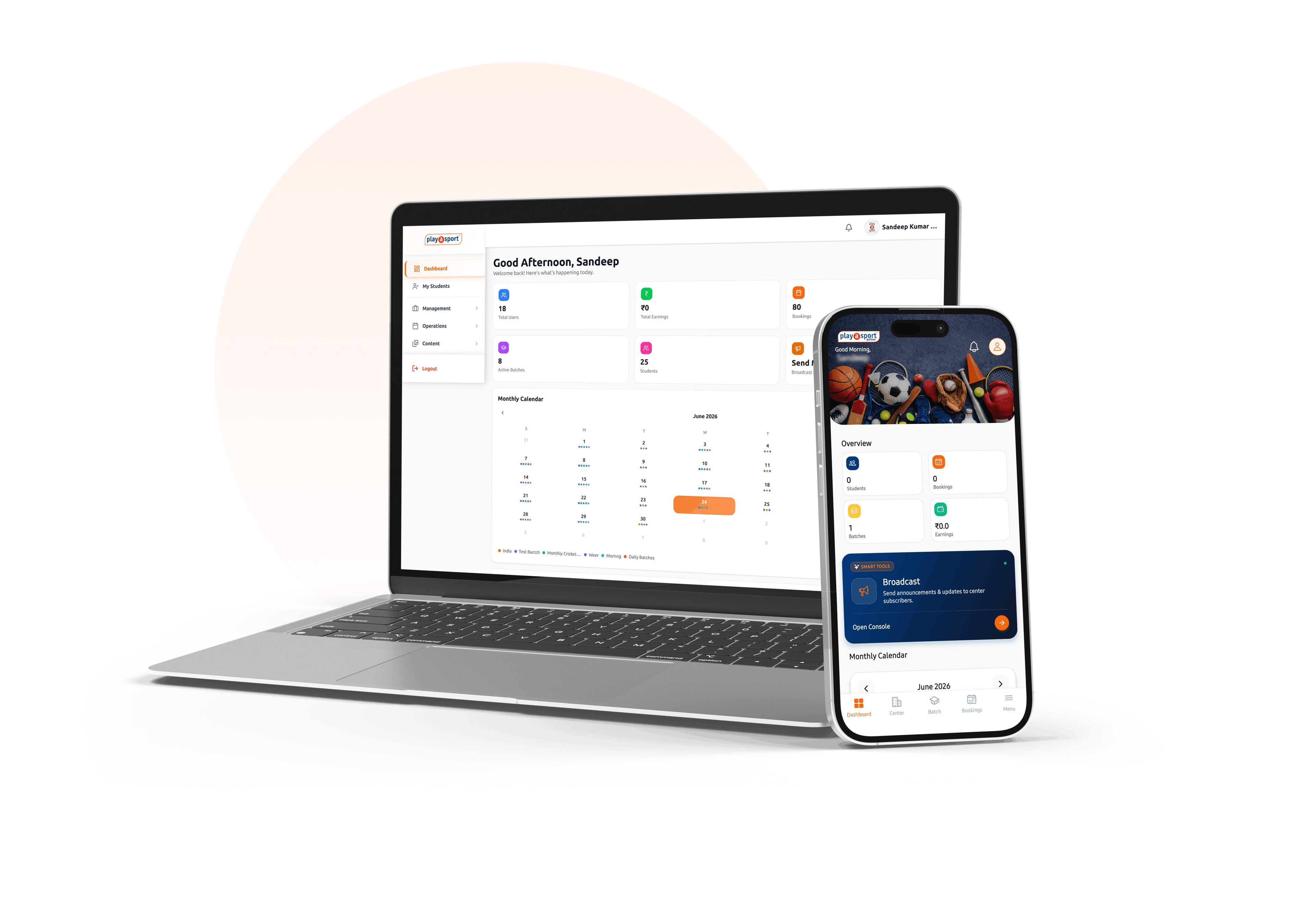 Play A Sport academy dashboard mockup